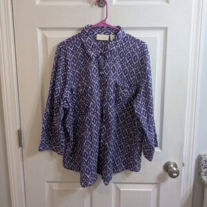 Chico's Purple & White Geometric Print‎ Button 3/4 Sleeve Blouse  - Size 3 (XL)